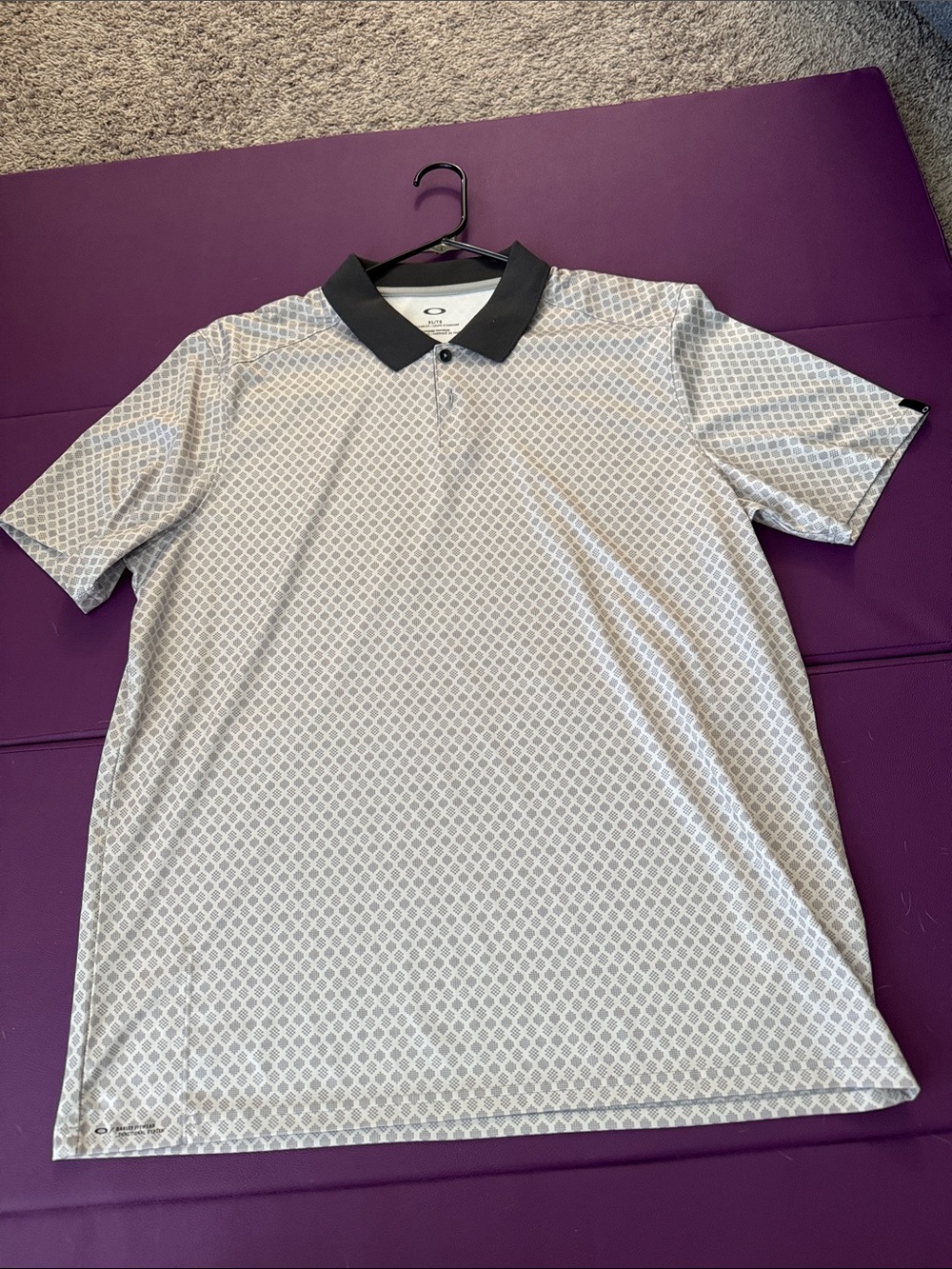 Oakley White Polo with Black Collar and Geometric Print